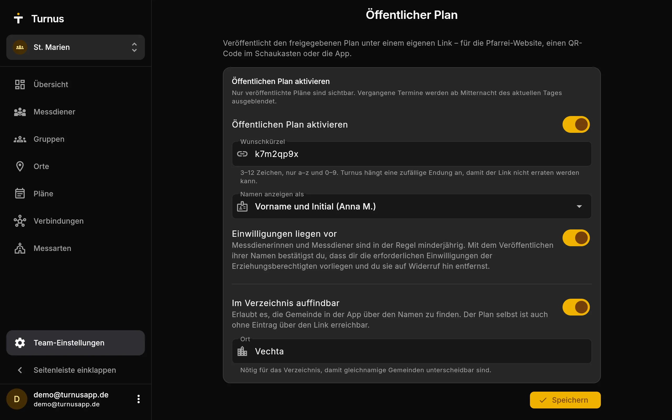 Einstellungen für den öffentlichen Plan