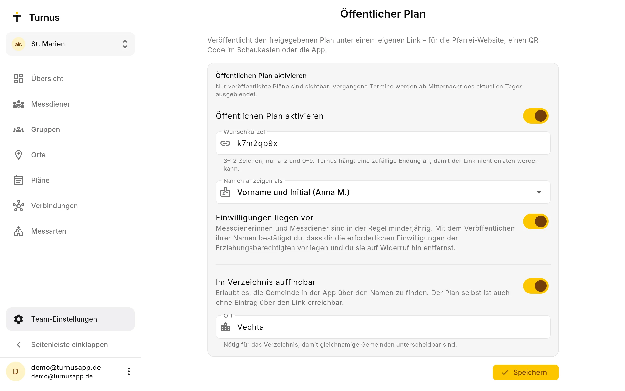 Einstellungen für den öffentlichen Plan